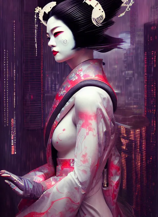 Image similar to portrait of a seductive cyberpunk latex geisha, modern fine art, fractal, in the style of ghosts in the machine, intricate ornaments, elegant, highly detailed, digital photography, subsurface scattering, by greg rutkowski,