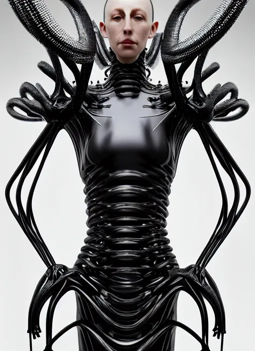 Prompt: iris van herpen gothic inflateble dark dress, perfect symmetrical body, helmet on face, full body shot, inflateble shapes, wires, tubes, veins, jellyfish, white biomechanical details, wearing epic bionic cyborg implants, masterpiece, intricate, biopunk, vogue, highly detailed, artstation, concept art, cyberpunk, octane render