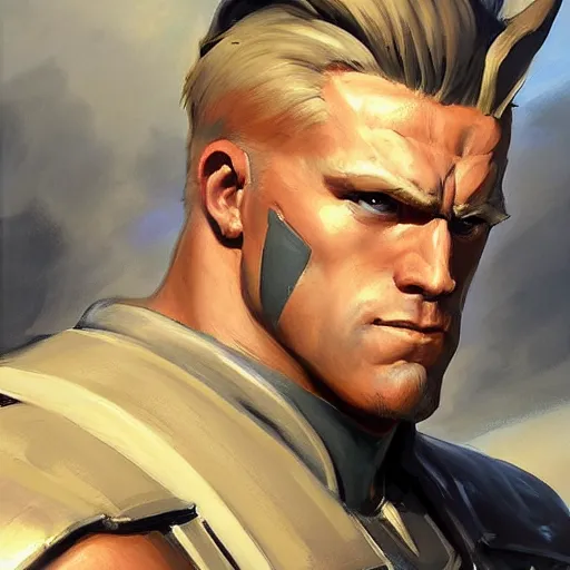 Prompt: greg manchess portrait painting of partially armored guile from street fighter as overwatch character, medium shot, asymmetrical, profile picture, organic painting, sunny day, matte painting, bold shapes, hard edges, street art, trending on artstation, by huang guangjian and gil elvgren and ross tran