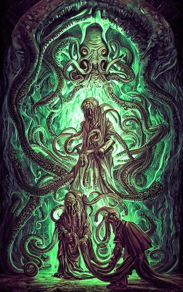 Image similar to pope priest in front of a cthulhu within a viscosity fluid lovecraft portal artwork by android jones, smooth lighting, detailed