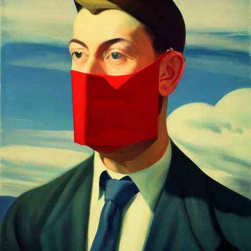 Image similar to a portrait painting of a detective with a paper bag over his head, the man is surrounded by clouds, Edward hopper, Rene Magritte, 4k,