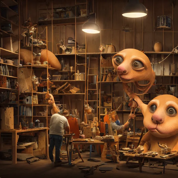 Image similar to crew of workers building giant mouse - prop - head in quaint workshop, octane render, 4 k ultra hd, hyper - detailed, realistic, seedy lighting, sharp focus, in style of beeple