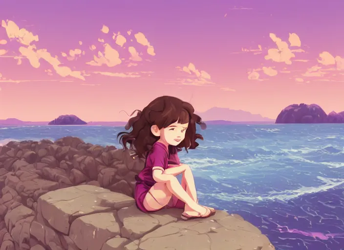 Image similar to little girl with short wavy curly light brown hair sitting on a rock. background pink and blue sunrise sky. clean cel shaded vector art. shutterstock. behance hd by lois van baarle, artgerm, helen huang, by makoto shinkai and ilya kuvshinov, rossdraws, illustration, art by ilya kuvshinov