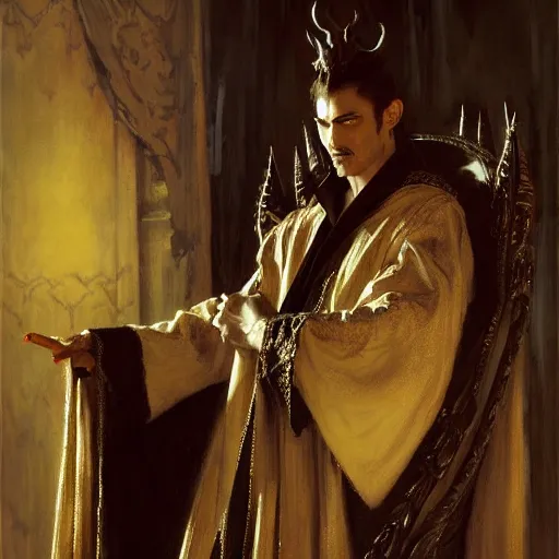 Image similar to perfectly centered portrait of attractive vampire king in a robe sitting on a throne of bones, highly detailed painting by gaston bussiere, craig mullins, j. c. leyendecker, 8 k