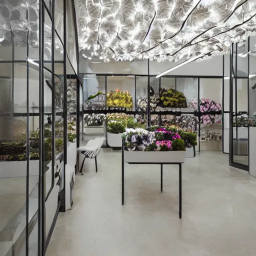 Prompt: interior design of flower shop, labotory concept, steel and glass, modernism