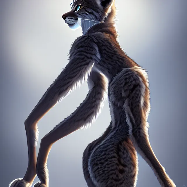 Image similar to the full body of anthropomorphic lynx fursona from behind wearing a steampunk suit as unimaginably beautiful, gorgeous, elegant, young woman with lynx head and paw pads, an ultrafine hyperdetailed illustration by furaffinity, intricate linework, white fur, unreal engine 5 highly rendered, global illumination, radiant light, detailed and intricate environment