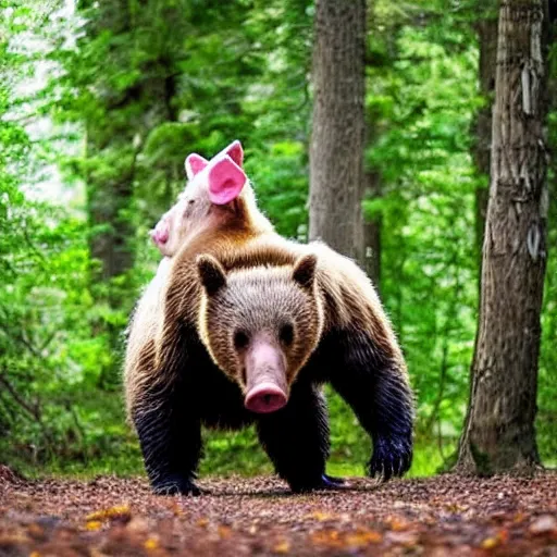 Prompt: a man who is half man, half bear, half pig standing on hind legs in the woods