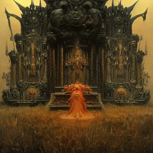 Prompt: the throne of illusion | highly detailed matte painting, hyperrealistic, very intrincate | cinematic lighting, award - winning | by rachel ruysch, giger, beksinski and bocklin | by austin osman spare and william blake, trending on artstation, cgsociety, official art, octane.