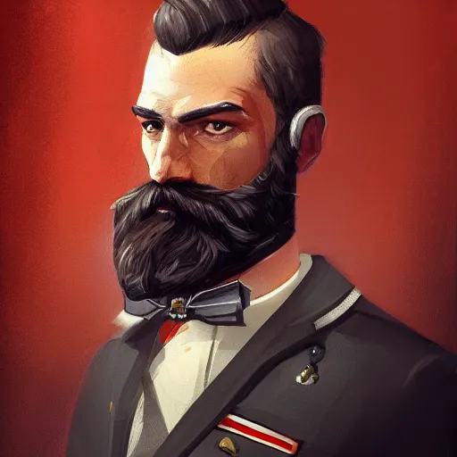 Image similar to portrait of a Germanic man with a beard and pilot’s suit, D&D, sci-fi, elegant, hopeful, muscular, highly detailed, digital painting, artstation, concept art, smooth, sharp focus, illustration