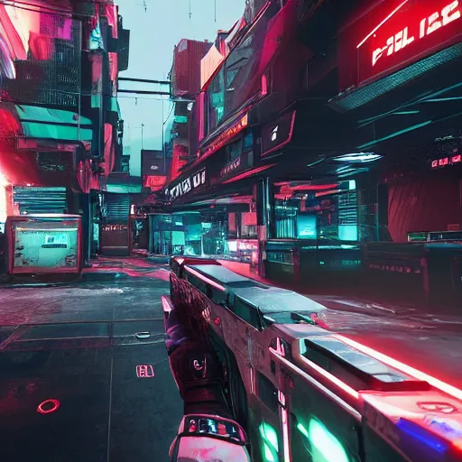 Image similar to futuristic call of duty game set in a synth - wave cyberpunk city, ps 5, 8 k