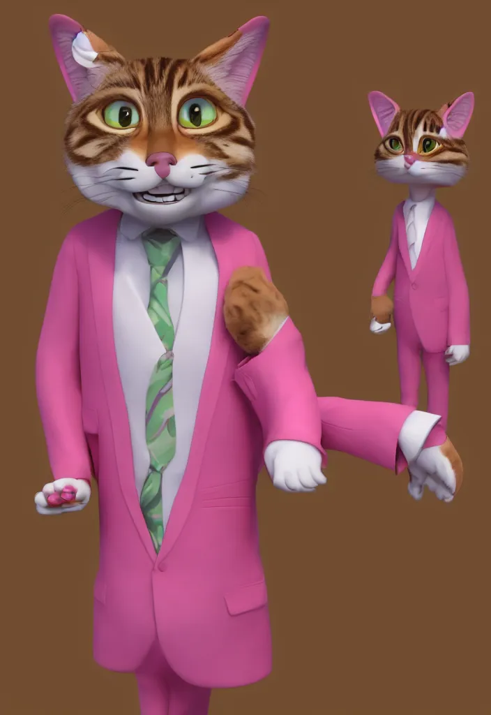 Image similar to 3d render , anthropomorphic male tabby cat,wearing a pink tux ,style of Zootopia, 8K HD Resolution, High quality image