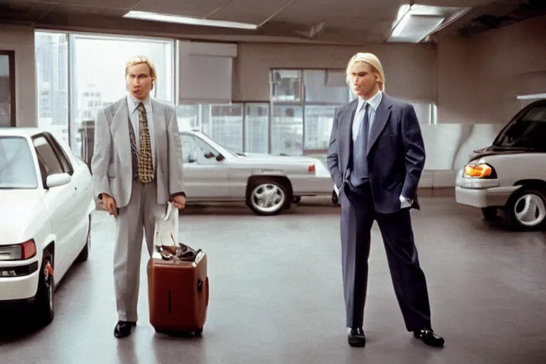 Image similar to cinematic still of portly clean-shaven white man wearing suit and necktie and curly blonde blonde blonde hair as car salesman in 1994 film, XF IQ4, f/1.4, ISO 200, 1/160s, 8K, RAW, dramatic lighting, symmetrical balance, in-frame