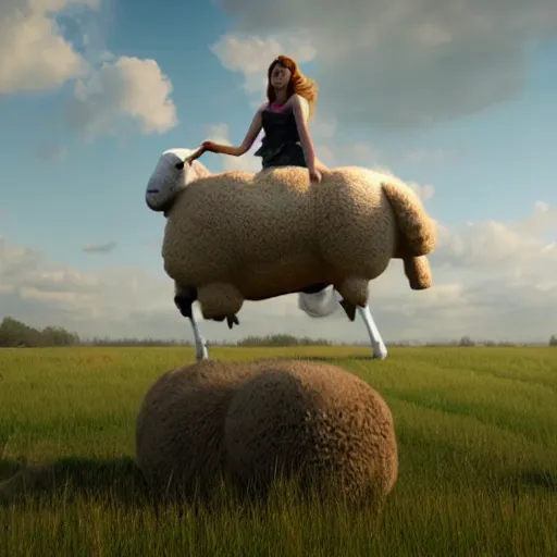 Image similar to girl riding a giant sheep in a field, trending on artstation