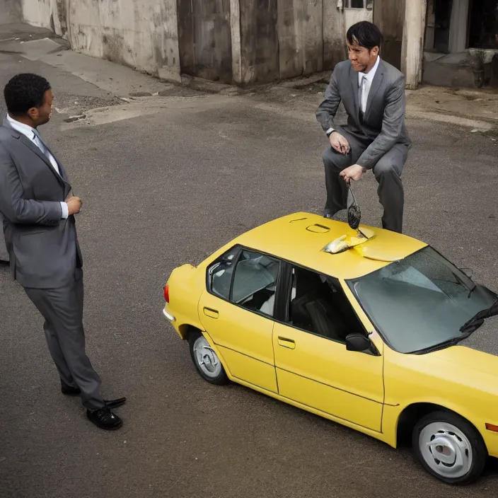 Prompt: a man wearing a suit ( ( washing ) ) a toyota corolla car with a yellow sponge!!!, canon eos c 3 0 0, ƒ 1. 8, 3 5 mm, 8 k, medium - format print