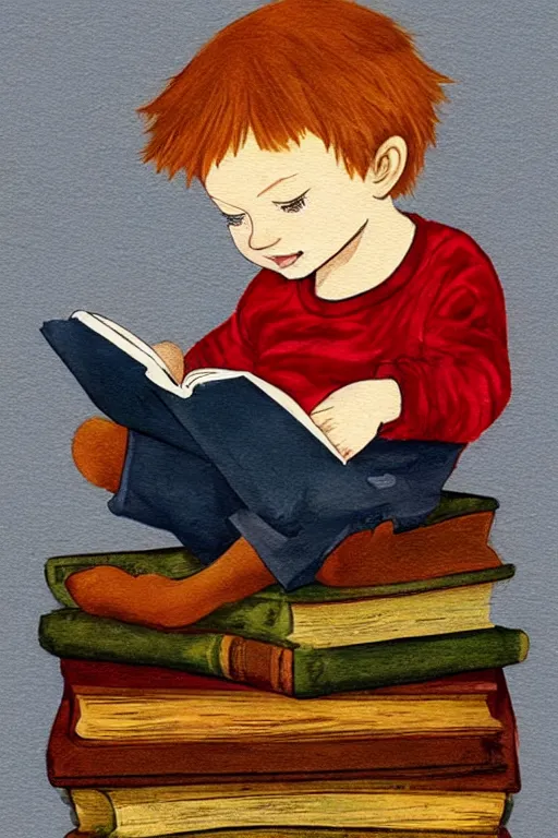 Image similar to a little boy with ginger hair sits cross legged on top of a tall pile of books. he is reading. clean elegant pretty cartoon painting, beautiful detailed face, storybook illustration.