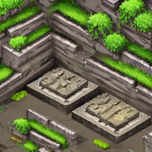 Prompt: forbidden catacombs, isometric 2 d asset featuring stone walls, stairs, tombs, altars, dead trees, rocky tunnels, highly detailed, trending on itch. io, high definition, 8 k