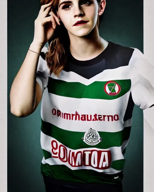 Image similar to a portrait of emma watson wearing lokomotiv football shirt, hyper realistic