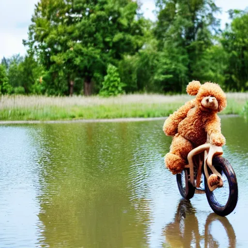 Prompt: A apricot colored toy poodle that looks like a teddy bear riding a bike in a beautiful park with a pond