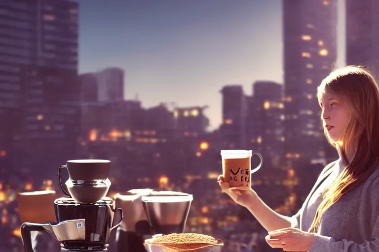 Image similar to hyperrealistic portrait of stunningly beautiful female nordic barista, brewing a V60 coffee outdoor, lit by dawn light, busy city on background, trending on artstation,ultrawide angle, f8 , polarizer , unreal engine