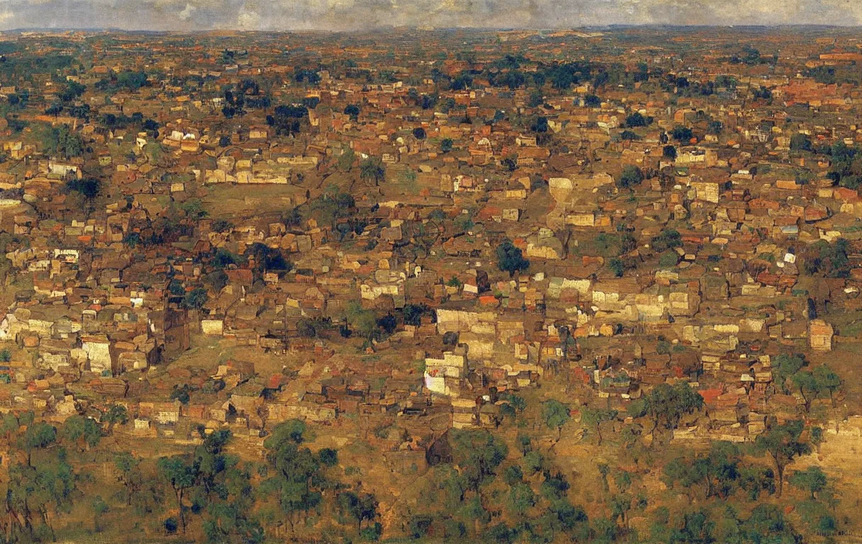Prompt: walled small town of abeokuta in nigeria from above, surrounded by a tall wall, 1885, bright colors oil on canvas, by Ilya Repin