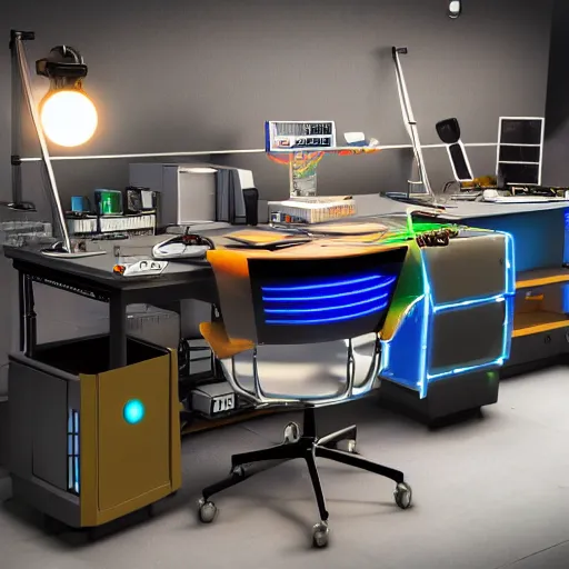 Prompt: a cyberpunk desk computer that runs on biotechnology, mechanical clock, fallout 5, studio lighting, deep colors