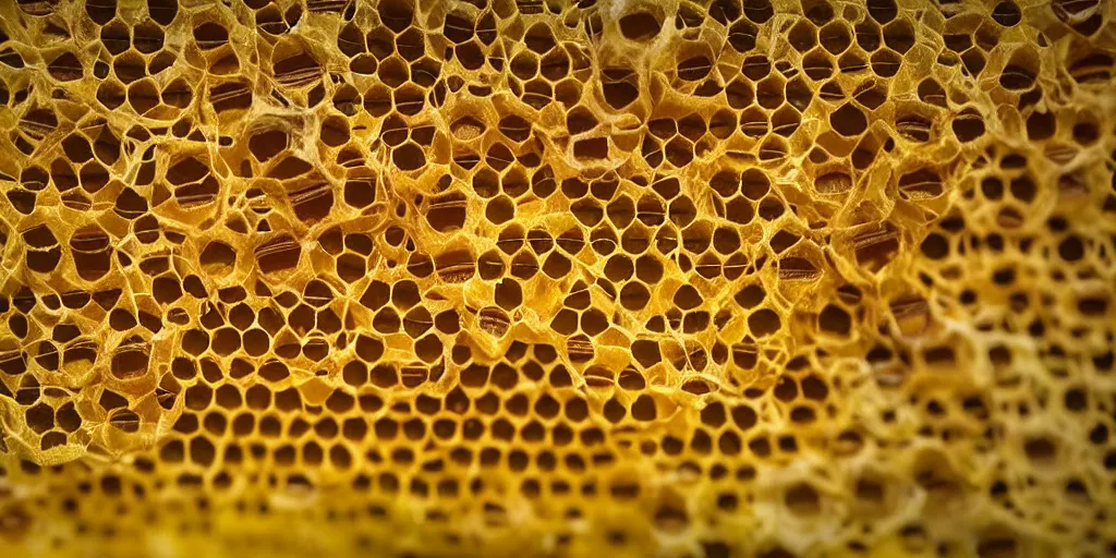 Image similar to real honeycomb organic building with dripping honey by tomas gabzdil libertiny sitting on the field, film still from the movie directed by denis villeneuve arrival movie aesthetic with art direction by zdzisław beksinski, telephoto lens, shallow depth of field