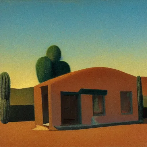 Image similar to motel in a desert rural landscape, painted by François Roca and Edward Hopper, highly detailed