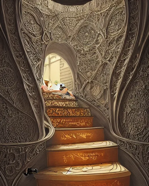 Image similar to the little prince on staircase at livraria lello, real life skin, intricate, highly detailed, artstation, concept art, smooth, sharp focus, art by artgerm and greg rutkowski