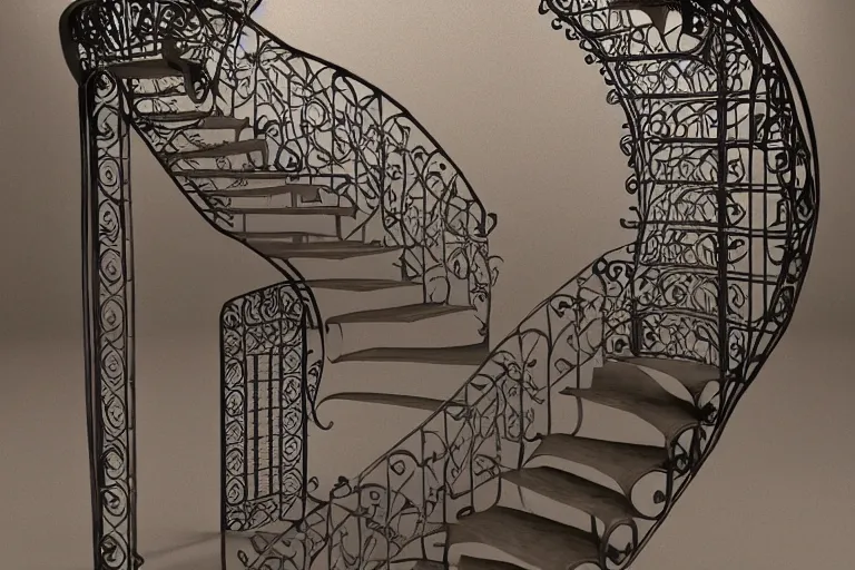 Prompt: wrought iron staircase, mc escher style, organic, art nouveau, 3d render