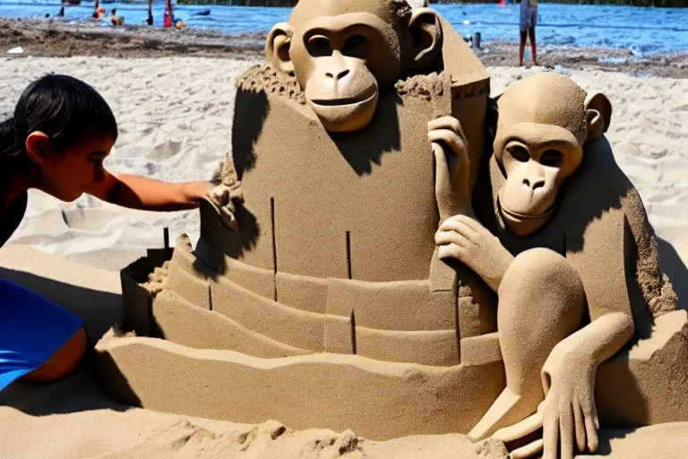 Image similar to a monkey touching a completed sand castle