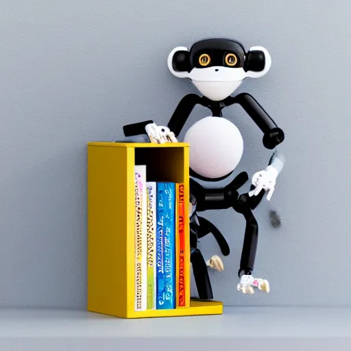 Prompt: small robotic monkey on bookshelf, product photo, detailed, 4k