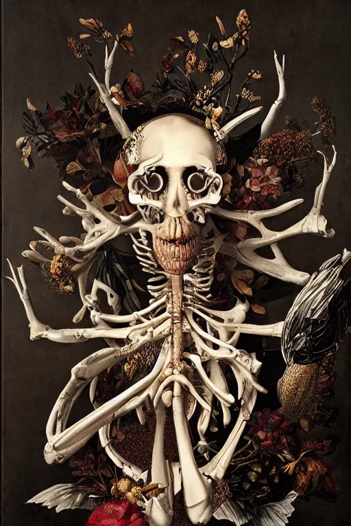 Prompt: Detailed maximalist portrait with large lips and with large white eyes, exasperated expression, botany bones, HD mixed media, 3D collage, highly detailed and intricate, surreal illustration in the style of Caravaggio, dark art, baroque