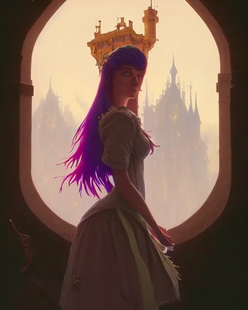 Image similar to highly detailed surreal vfx portrait of a female candypunk mage in a majestic castle by golden tree, stephen bliss, unreal engine, greg rutkowski, loish, rhads, beeple, makoto shinkai and lois van baarle, ilya kuvshinov, rossdraws, tom bagshaw, alphonse mucha, global illumination, detailed and intricate environment