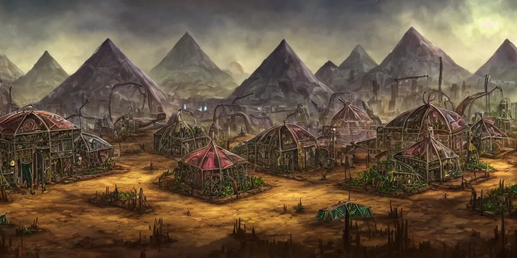 Image similar to colored merchant tents surrounded by chrome pyramids, rusted plants and vines, matte oil painting, retrofuturistic, science fantasy, mutant, lgbt, queer, rpg, epic, badlands, slime, sentient, dungeons & dragons, sacred, sharp focus, award - winning, extremely detailed, 4 k, 8 k