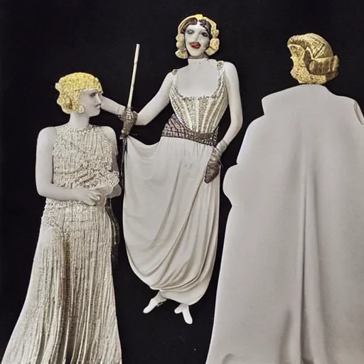 Prompt: a vintage 1 9 3 0 s kodachrome photograph of a haute couture collection opera ensemble inspired by the roman god apollo, the god of the sun.