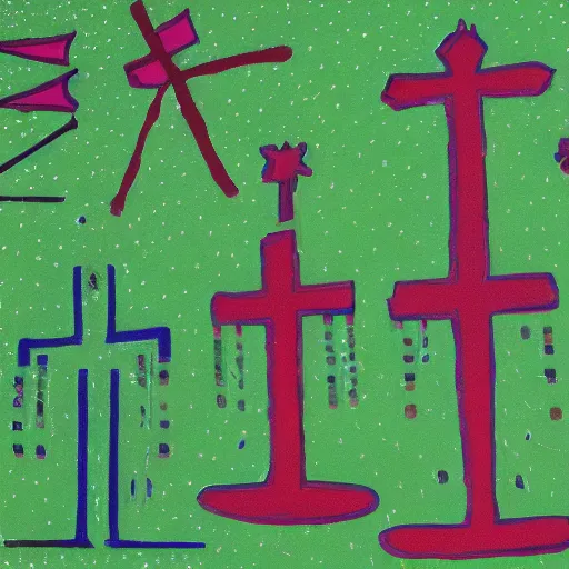 Image similar to fluo green cave painting of crosses and ufos