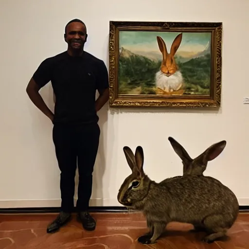 Image similar to a rabbit posing proudly next to a painting of a human