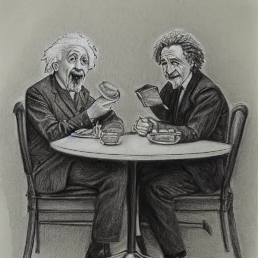 Image similar to Einstein and Newton sitting at cafe, pencil drawing, ultra detailed