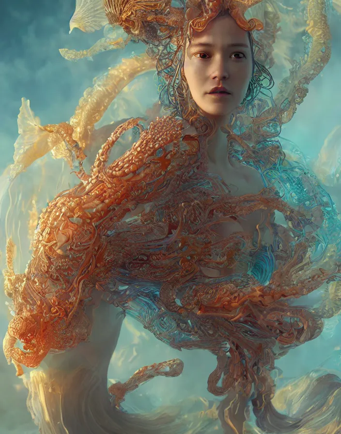 Prompt: goddess portrait, jellyfish phoenix dragon, butterfly squid, burning halo, intricate artwork by Tooth Wu and wlop and beeple, greg rutkowski, very coherent symmetrical artwork, cinematic, hyper realism, high detail, octane render, unreal engine, 8k, Vibrant colors, Smooth gradients, High contrast, depth of field