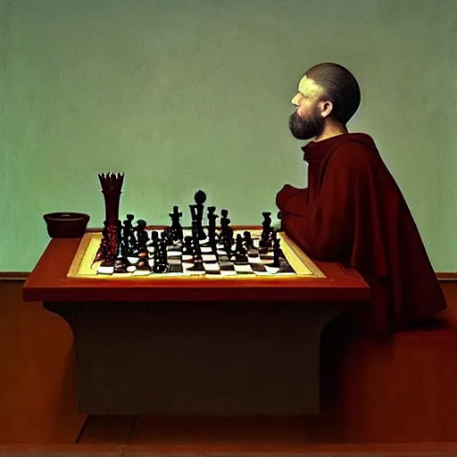 Prompt: Portrait of a Medieval King playing chess, Edward Hopper and James Gilleard, Zdzislaw Beksinski, Mark Ryden, Wolfgang Lettl highly detailed, hints of Yayoi Kasuma