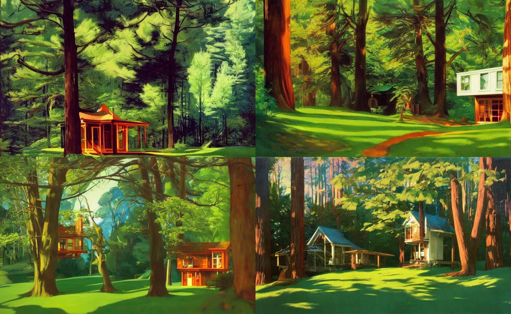 Prompt: A Hidden Tree House in the Enchanted Woods, painting by Syd Mead, Edward Hopper and William Eggleston