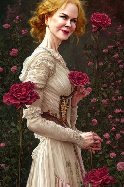 Image similar to Nicole Kidman dressed in a victorian roses dress fashion, D&D, fantasy, intricate, elegant, highly detailed, digital painting, artstation, concept art, matte, sharp focus, illustration, art by Artgerm and Greg Rutkowski and meredit frampton and Alphonse Mucha