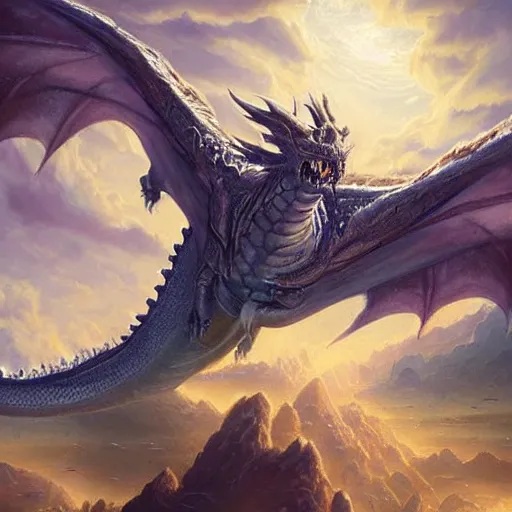 Prompt: giant dragon flying in the sky, highly detailed, intricate, epic fantasy style art, galaxy theme, by Greg Rutkowski, hearthstone style art, 00% artistic