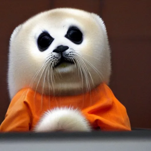 Prompt: a baby harp seal in an orange prisoner jumpsuit at the witness stand, courtroom, news photography