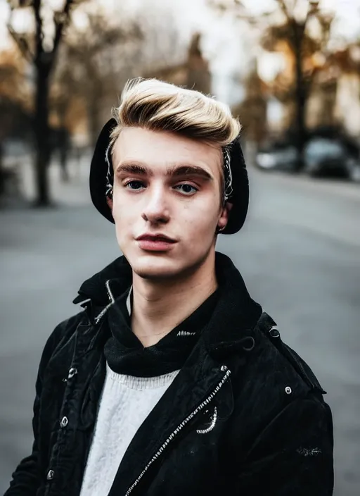 Prompt: a personal close up portrait of a 2 1 year old man from switzerland, his hair is blonde and short, his eyes are green, his face is symmetric and friendly, he's proud to be where he is in life, black jacket, ambient light, beautiful composition, magazine photography, full frame, 5 0 mm, f 1. 8