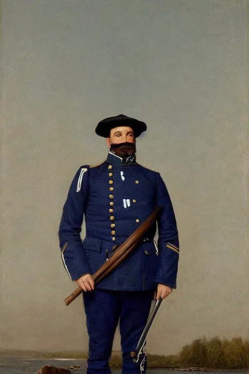 Prompt: full body portrait of the dictator of the minnesota timberwolves, 1 8 8 9, in full military garb, midnight blue, aurora green, lake blue, moonlight grey, oil on canvas by william sidney mount, trending on artstation