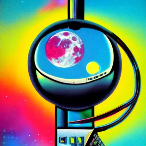 Image similar to 8 0 s airbrushed portrait of a desktop computer above a chrome moon, 8 0 s art, vintage, airbrush, bright colors, grainy, retro, behance, magazine