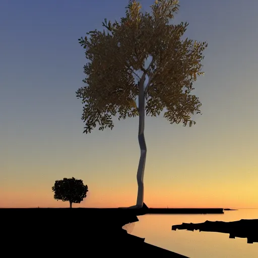 Image similar to a tree in a river, sunset, low poly