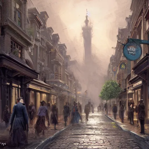 Image similar to street of victorian city, happy, a lot of people, realistic, 8 k, detailed, concept art, trending on artstation