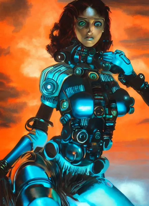 Image similar to symmetry!! dynamic pose! closeup portrait of a cyborg pirate girl, fashion cyber jumpsuit with big shoulder pads, cinematic light, backlight, windy, teal orange, smoke trails, dust particles, by gerald brom, by mikhail vrubel, by peter elson, muted colors, extreme detail, trending on artstation, 8 k